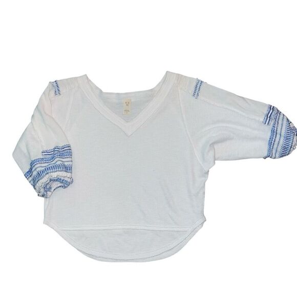 WE THE FREE White Bubble Sleeve Blue Embroidered Blouse Size S - Picture 3 of 10